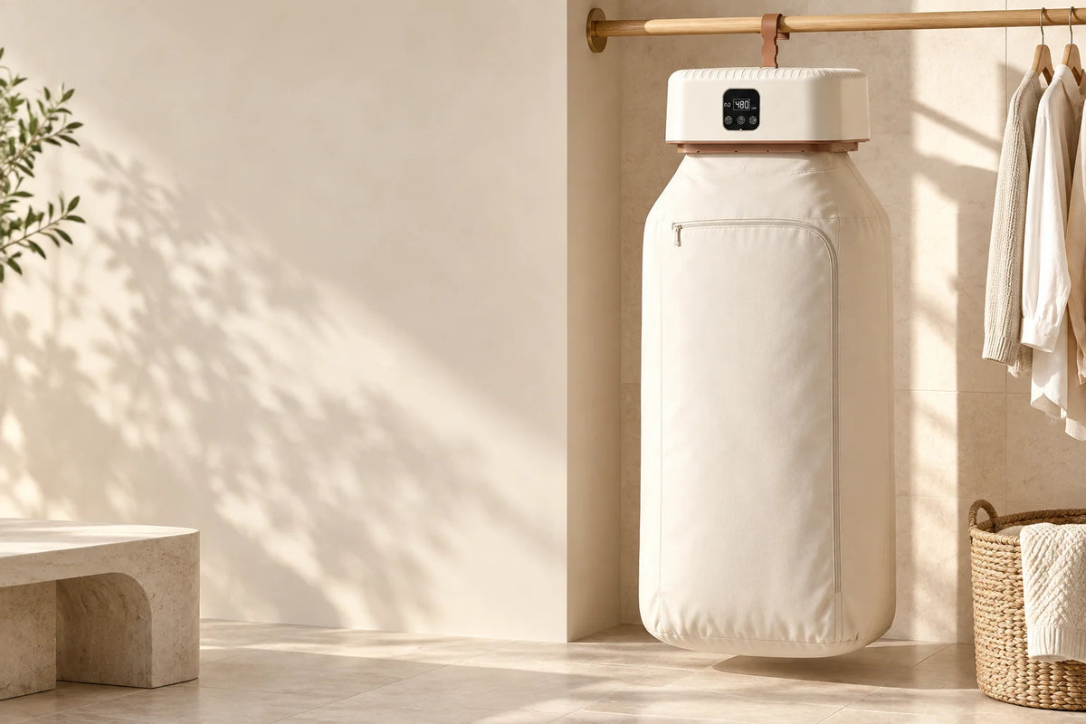 Hanging dryer with a conceptual animation of circulating warm air
