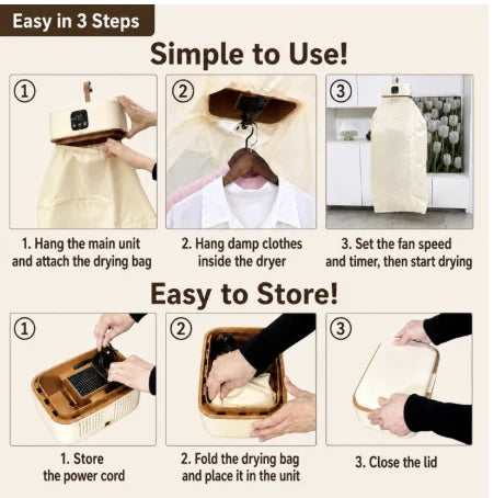 Actual product guide showing the cord stored, bag folded inside and lid closed